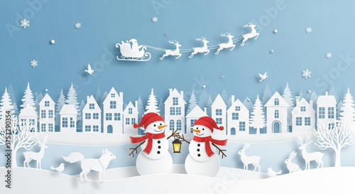 winter landscape with christmas tree. Merry Christmas and Happy New Year paper art vector illustration. Winter landscape with Santa Claus sleigh flying over a snowy village. Christmas greeting card.