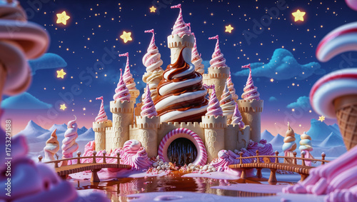 AI-generated image of a 3D Animation style of an ice cream castle in the North Pole