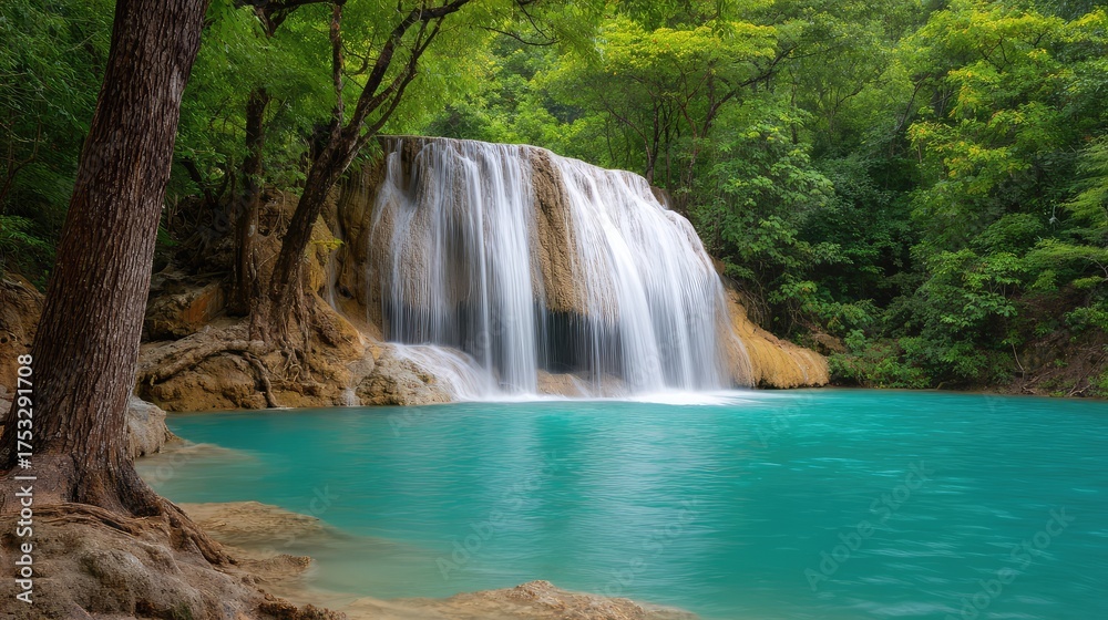 Obraz premium Serene Waterfall Cascading into Crystal Clear Pool Surrounded by Lush Greenery in a Majestic Natural Landscape Ideal for Outdoor and Nature Photography