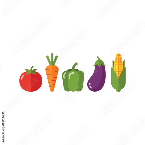 Assortment of fresh vegetables tomato carrot pepper eggplant corn isolated flat design vector