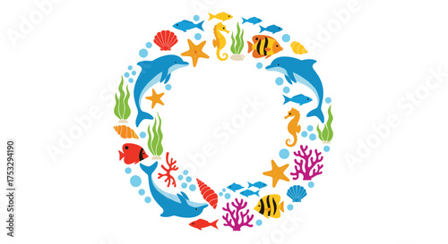 A vibrant circular arrangement of marine life showcasing diverse sea creatures.