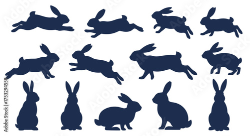 A collection of dark blue rabbit silhouettes in various poses and actions