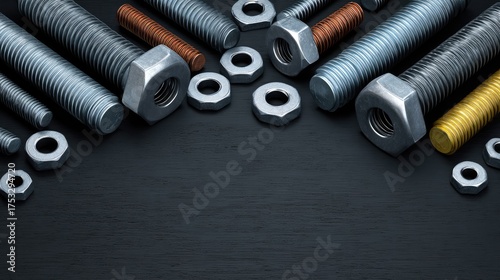 Wallpaper Mural Diverse Collection of Metallic Fasteners Displayed on a Dark Background, Featuring Various Sizes and Finishes of Bolts, Nuts, and Screws for Industrial Uses Torontodigital.ca
