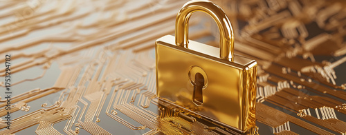 Golden padlock on circuit board background symbolizes security and protection of digital information