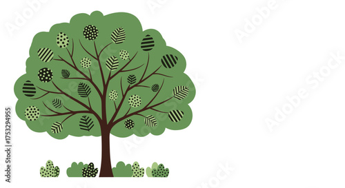 A lush green tree with colorful patterned leaves stands tall surrounded by small bushes on a white background.