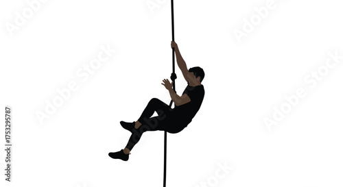 Man climbing rope silhouette. Athlete demonstrating strength and fitness. Active lifestyle and exercise concept on white background.