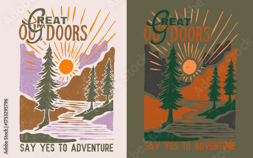 Great outdoors adventure in nature: An artistic depiction of a stunning natural scene, inviting viewers to embrace outdoor exploration, where mountains, trees.