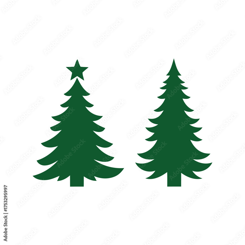 Obraz premium Two green christmas trees simple vector illustrations holiday season symbols festive decoration vector