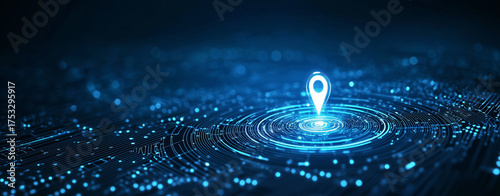Digital location marker, glowing blue, technology background, data visualization, network connections, abstract design, futuristic concept