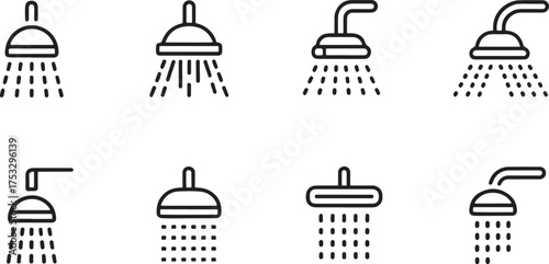 Assortment of shower head icons with water spray droplet