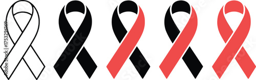 Black and coral red awareness ribbons in outline and solid styles Keywords: ribbon, awareness ribbon, support, cause, charity, health, campaign