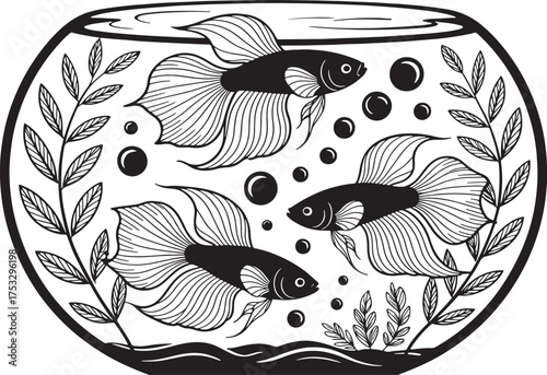Black and white illustration of three betta fish swimming in a round fishbowl Keywords: fish, betta fish, siamese fighting fish, aquarium, fishbowl