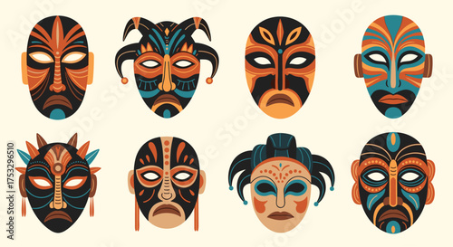 A vibrant collection of eight colorful tribal masks in a pixel art style.