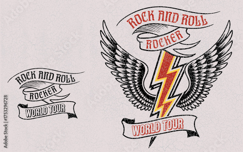 Rock and Roll Emblem: A bold rock and roll emblem, featuring a lightning bolt, wings, and the text Rock and Roll and World Tour, evokes the energy and spirit of rock music.
