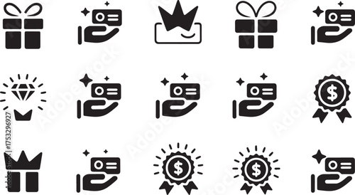 Collection of black icons representing rewards gifts and achievements Keywords: icon, set, reward, gift, prize, award, achievement, success, bonus