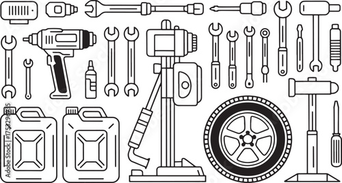 Collection of Automotive Repair Tools and Equipment Line Art wrench spanner