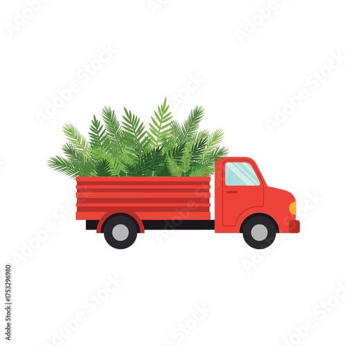 Red vintage truck delivering fresh green pine christmas tree for holiday season vector