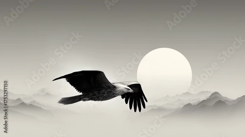 Eagle Soaring in Mountains Ink Painting
