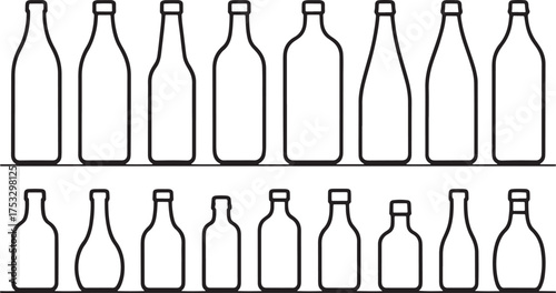 Collection of outline drawings of various glass bottles and containers on a white background liquid beverage