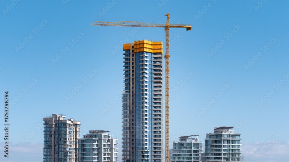 Fototapeta premium Modern Urban Construction Scene with High-Rise Building Under Development and Crane Against Clear Blue Sky