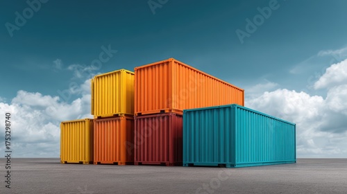 Wallpaper Mural Colorful Shipping Containers Stacked Against a Blue Sky with Clouds, Showcasing Industrial Cargo and Storage Solutions in a Modern Urban Environment Torontodigital.ca