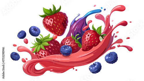 Vector illustration of mixed berries with liquid splashing, isolated on white background
