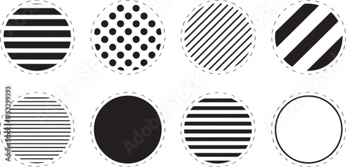 Eight Black and White Circular Graphic Elements with Various Patterns and Dashed Borders circle