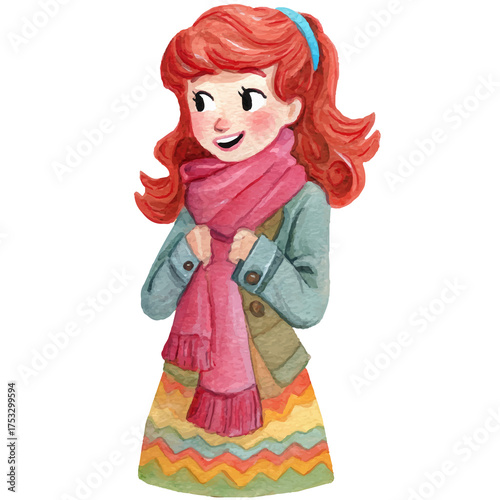 happy girl wearing a dress and scarf