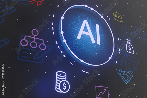 Glowing AI text encircled by business-related icons representing digital transformation and learning algorithms.
