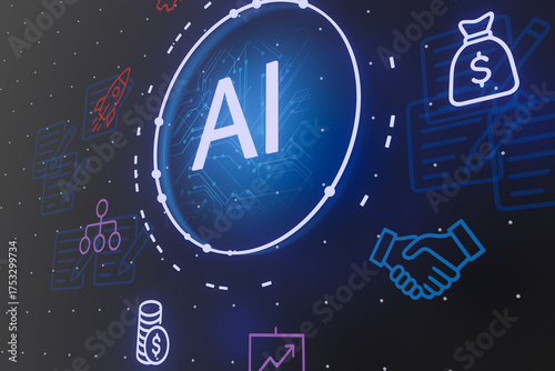 Artificial intelligence and business innovation concept - AI at the center with holographic icons.