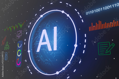 Futuristic technology concept - AI surrounded by luminous business icons symbolizing innovation.
