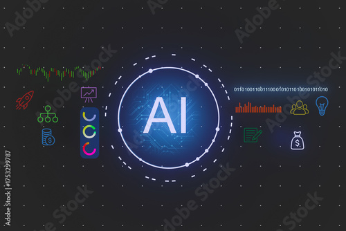 Abstract blue background with AI in the center and connected data and business symbols.