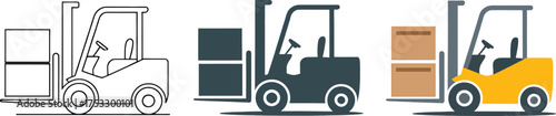 Forklift Truck Icons Showing Loading and Transportation Operations Keywords: forklift, truck, loader, lifting, cargo, box, pallet, warehouse
