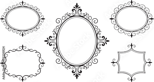 Five ornate black decorative frames and borders with swirling filigree designs in various oval and rectangular shapes Keywords: frame, border, ornate
