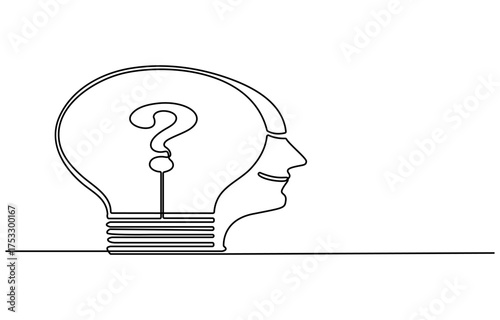 light bulb eruption idea, head with light bulb, messy arrow, business plan, decision making, evaluation continuous one line drawing