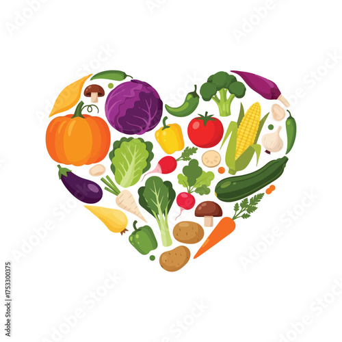 Heart shaped assortment of fresh healthy vegetables and produce for nutrition and wellness vector