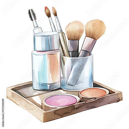 Watercolor Makeup Brushes and Cosmetics in a Tray beauty watercolor illutrastion transparent background