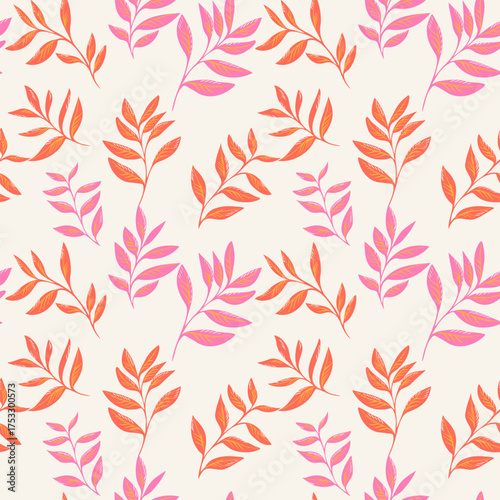 Seamless vector pattern with vibrant orange and pink leafy branches on a soft cream background. Modern botanical design for textiles, wallpapers, packaging and prints