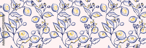 Seamless vector pattern with artistic lemon branches, fruits, leaves, and blossoms in hand drawn style. Template for fabric, wallpaper, wrapping, summer and kitchen design