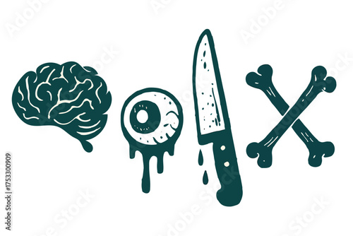 Horror Grunge Icons: Brain, Eyeball, Knife, and Bones

