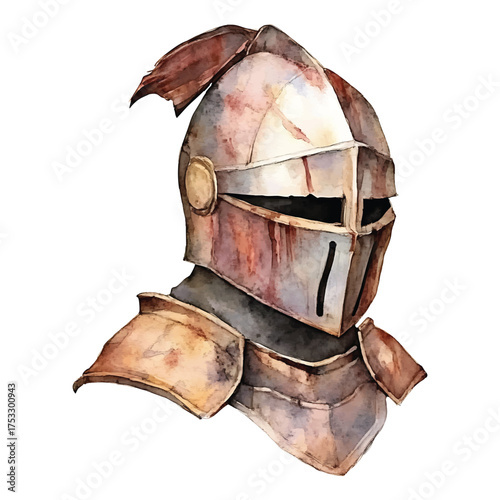 Watercolor Medieval Knight's Helmet with Rusty Metal Texture on watercolor illutrastion transparent background