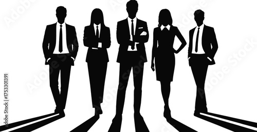Silhouette of five business people in suits standing with shadows on a white background team group