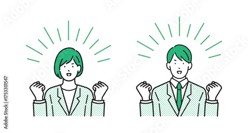 イラスト素材：ポジティブな表情でガッツポーズをとる男女のビジネスパーソン
