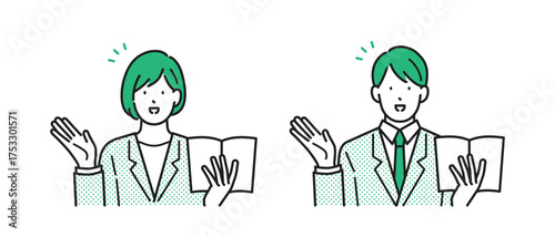 イラスト素材：スーツを着て説明する若い男女のセット