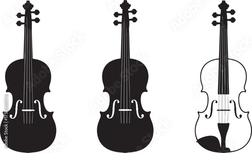 Three black silhouette and outline illustrations of violins on a white background cello string instrument