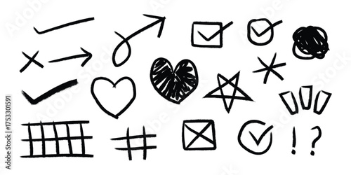 Hand Drawn Doodle Icons Collection with Arrows, Hearts, and Checkmarks