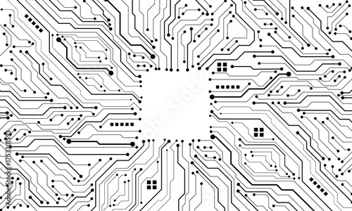 Abstract black circuit board technology connected lines electronics elements computer motherboard chip processor semiconductor digital on white background vector