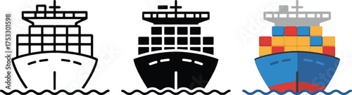 Three Container Ship Icons In Outline Solid Fill And Color cargo ship freight ship