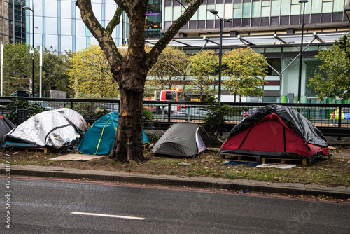 Tents of homeless people along Euston Road, London, highlighting urban poverty and rising homelessness in the UK capital.