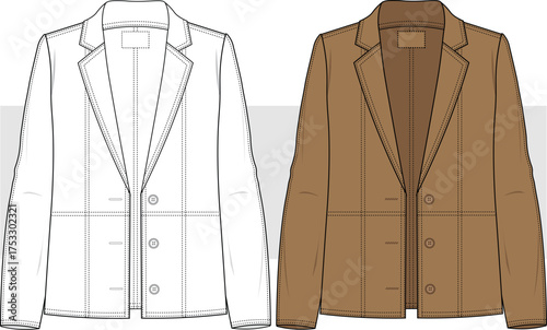 Unisex suede blazer jacket, fashion technical drawing, illustration. Oversized leather jacket vector. Cad, Mockup.